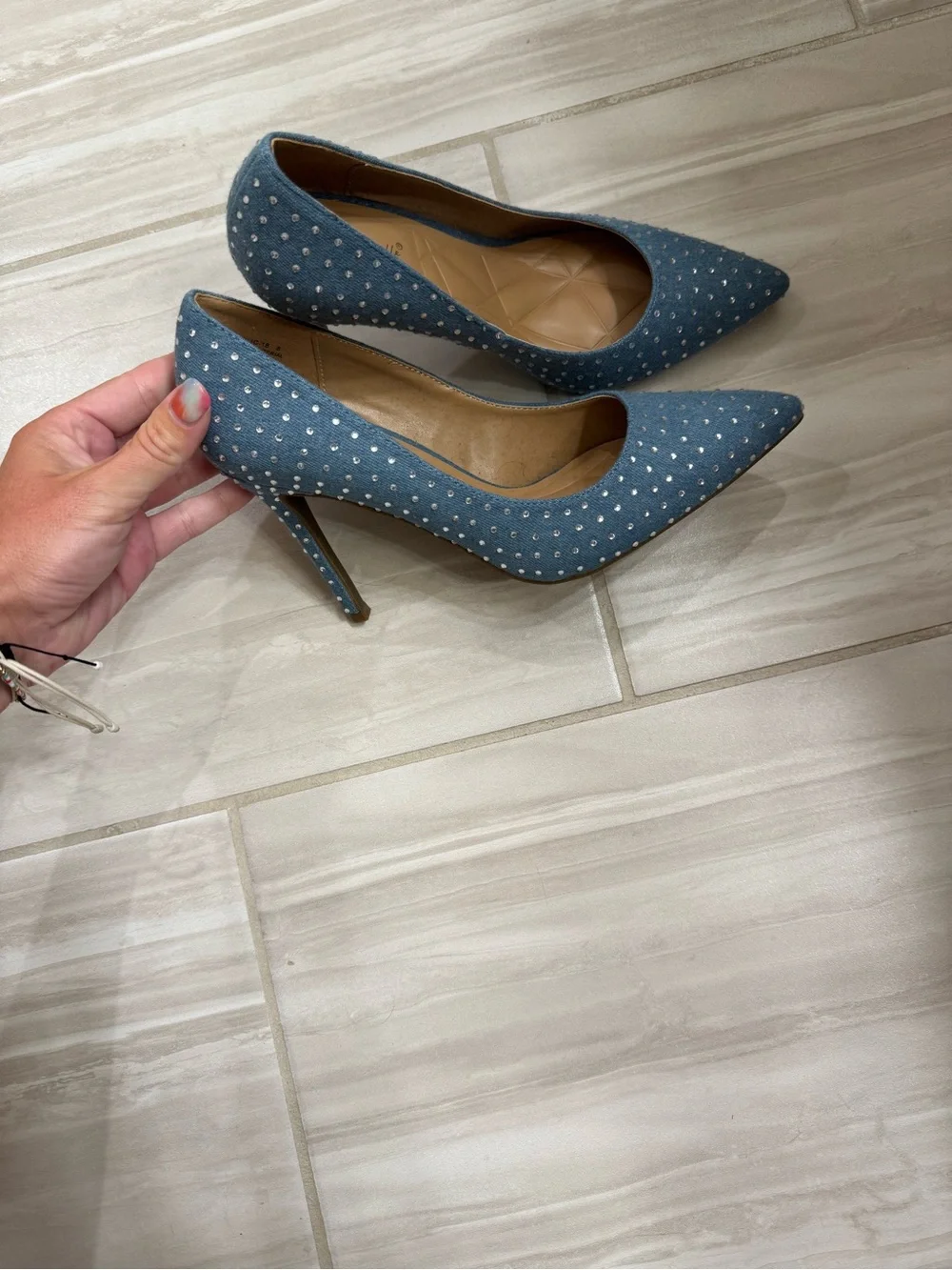 Anne Michelle Blue Denim Pointed Toe Rhinestone Stiletto Pumps
